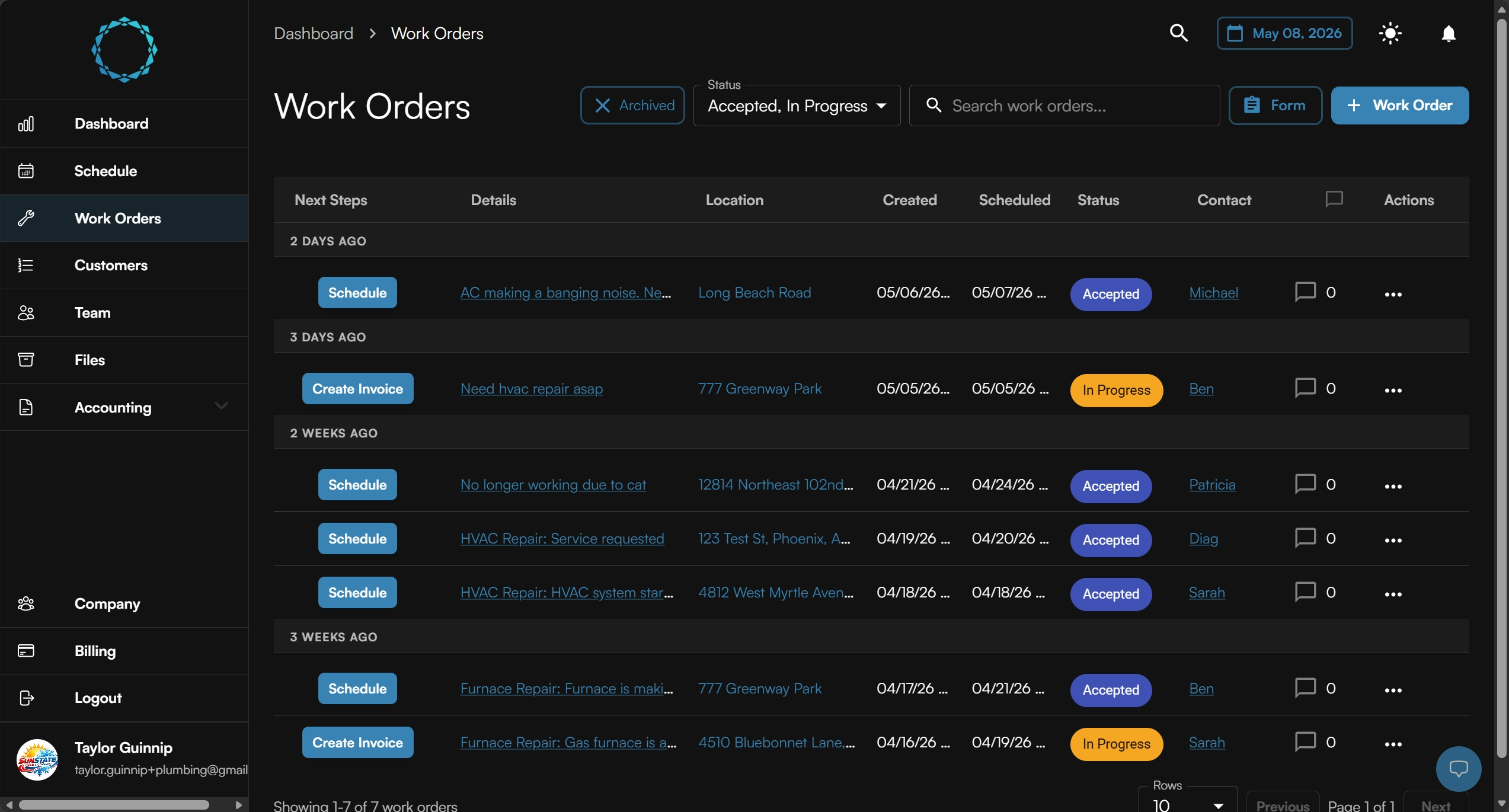 Facilitize work orders dashboard showing job statuses, customer details, and next steps