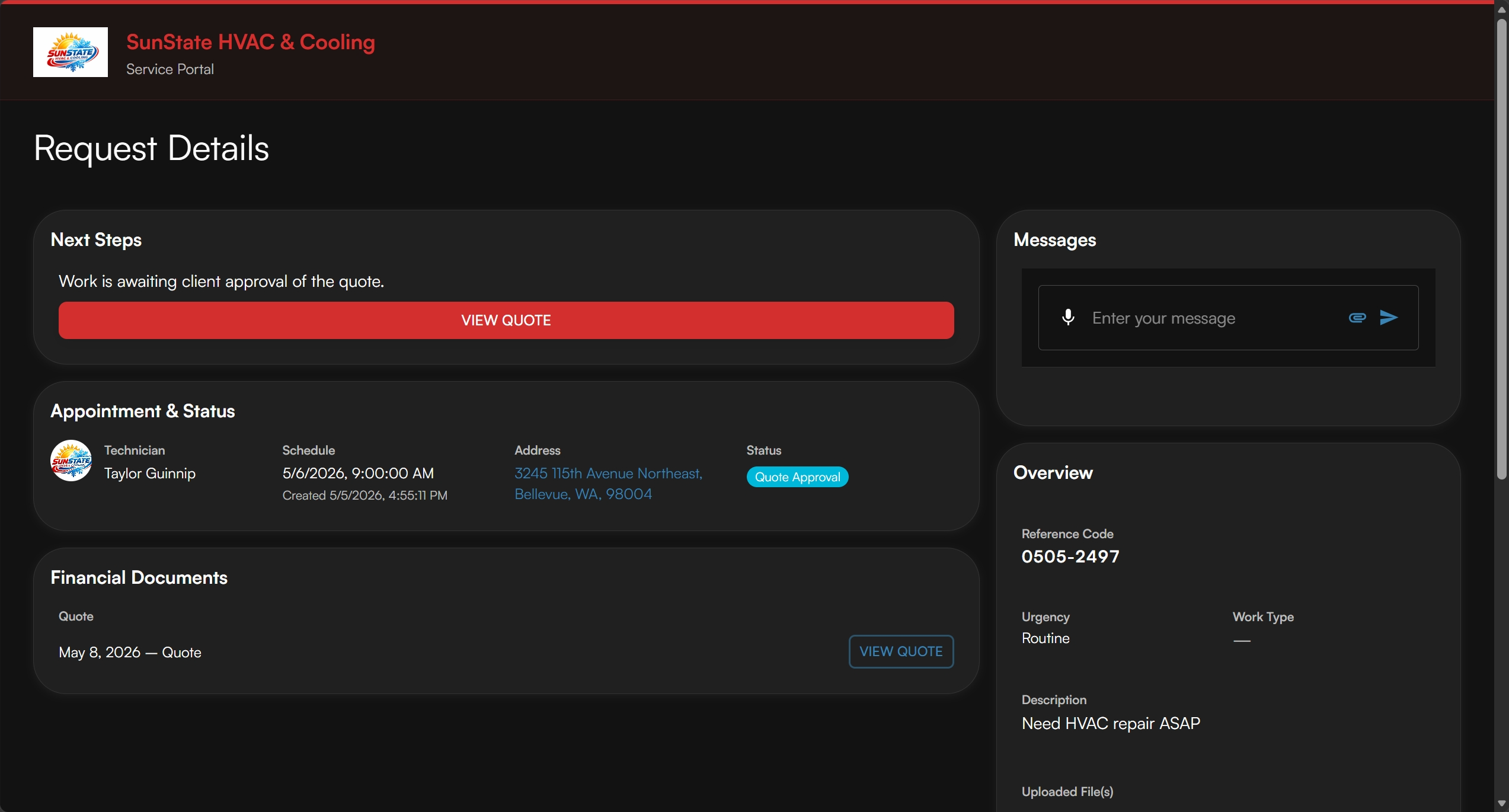 Facilitize customer portal showing request details, appointment status, and quote actions