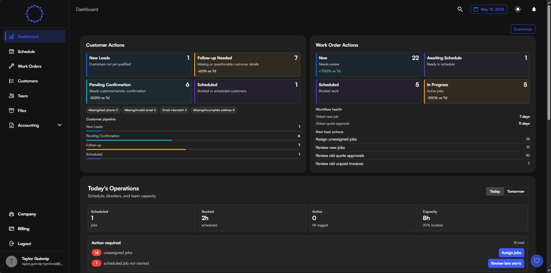 Facilitize dashboard showing a new work order created from Clara's call