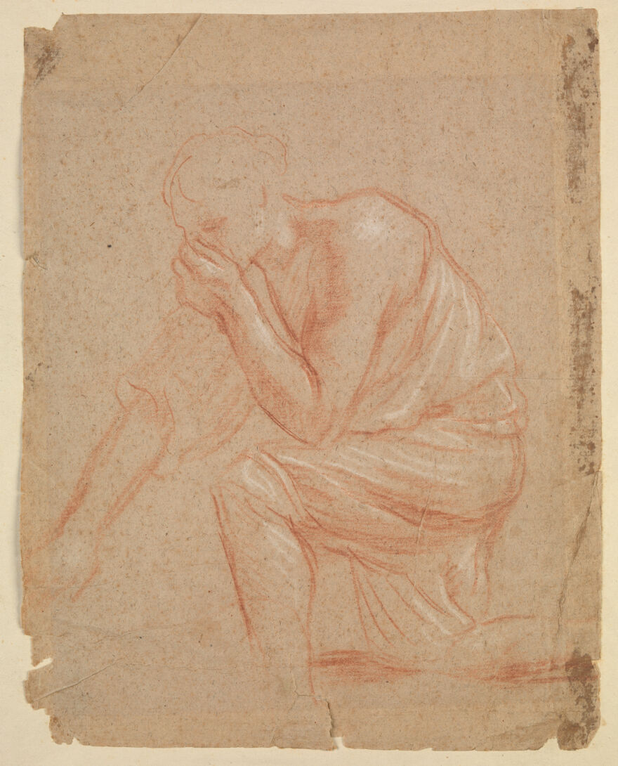 Anonymous, A man holding his nose to avoid breathing in a miasma, drawing ca. 17th century. This figure became a recurring motif in paintings produced throughout the 17th century, including Michiel Sweert’s Plague in an Ancient City, 1650-1652