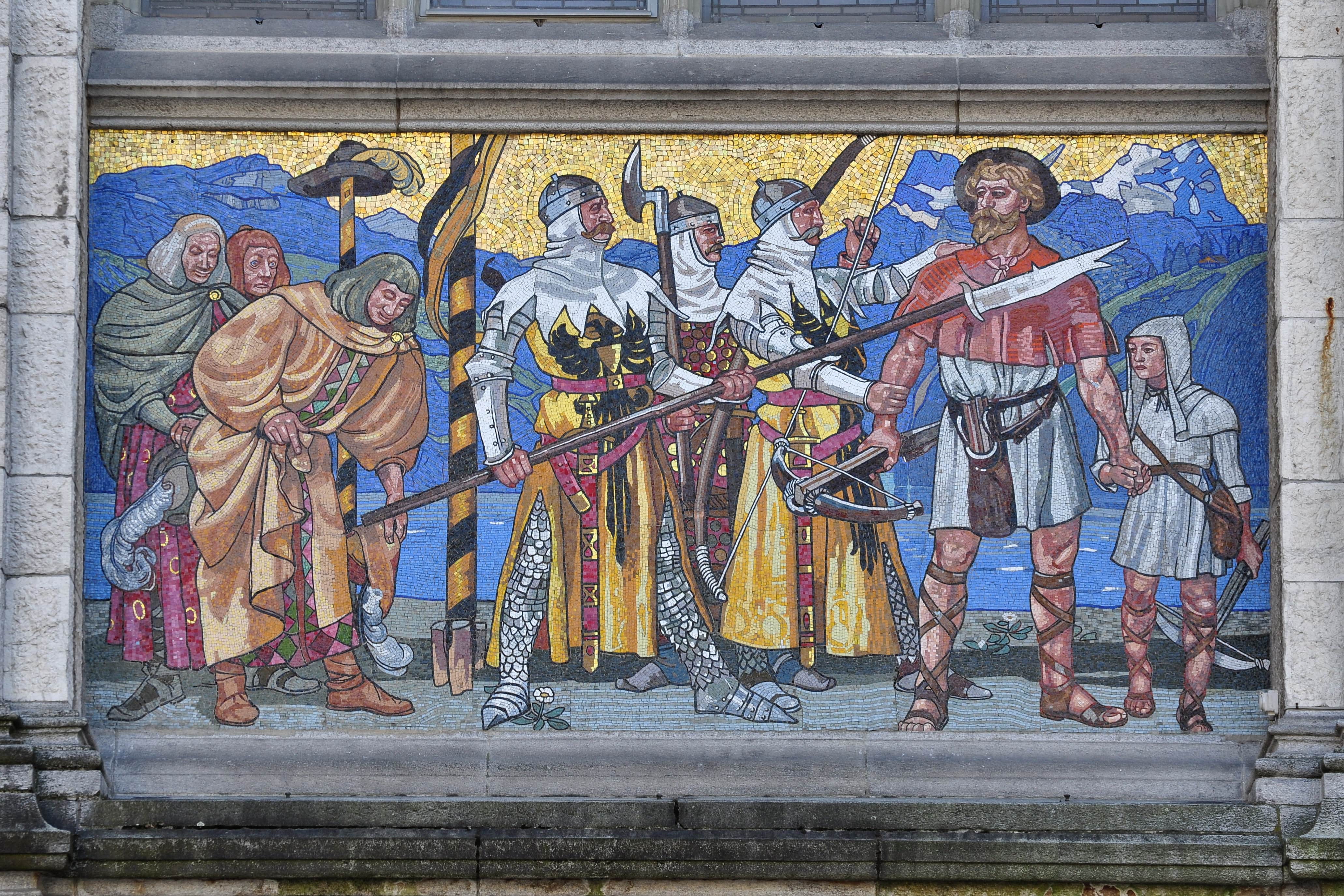 Mosaic depicting William Tell being arrested (holding crossbow, left) for not saluting Gessler's hat. The mosaic was designed by Hans Sandreuter in 1901, and it adorns the facade of the armory of the Swiss Landesmuseum in Zürich (Switzerland)