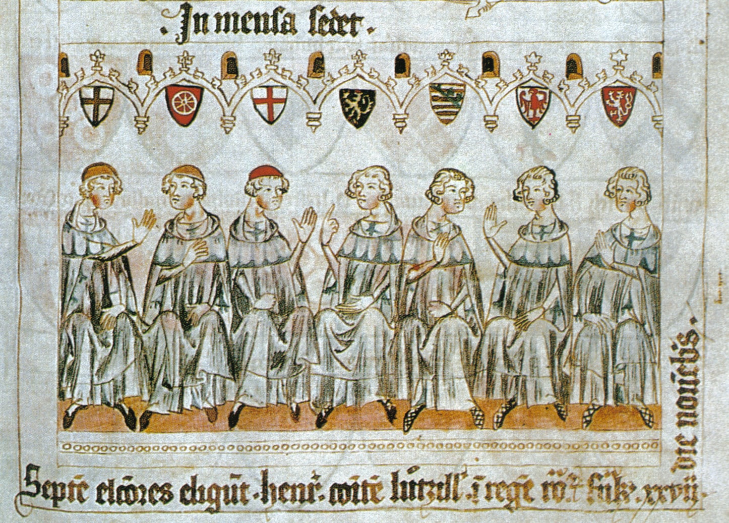 The seven electors of the Holy Roman Empire choose Henry VII as the new emperor at Frankfurt on 27th November, drawing on parchment from the Balduineum, 1341