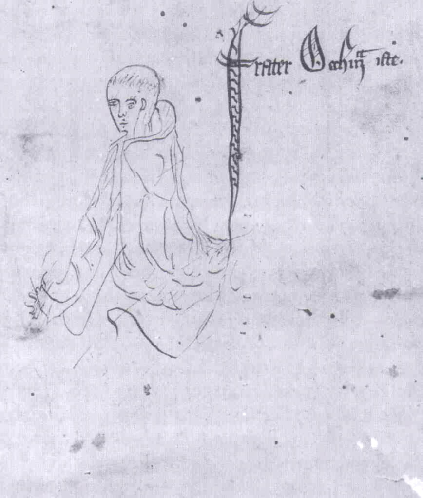 Sketch labelled frater Occham iste ('Brother Ockham himself'), from a manuscript of Ockham's work Summa Logicae, 1341.