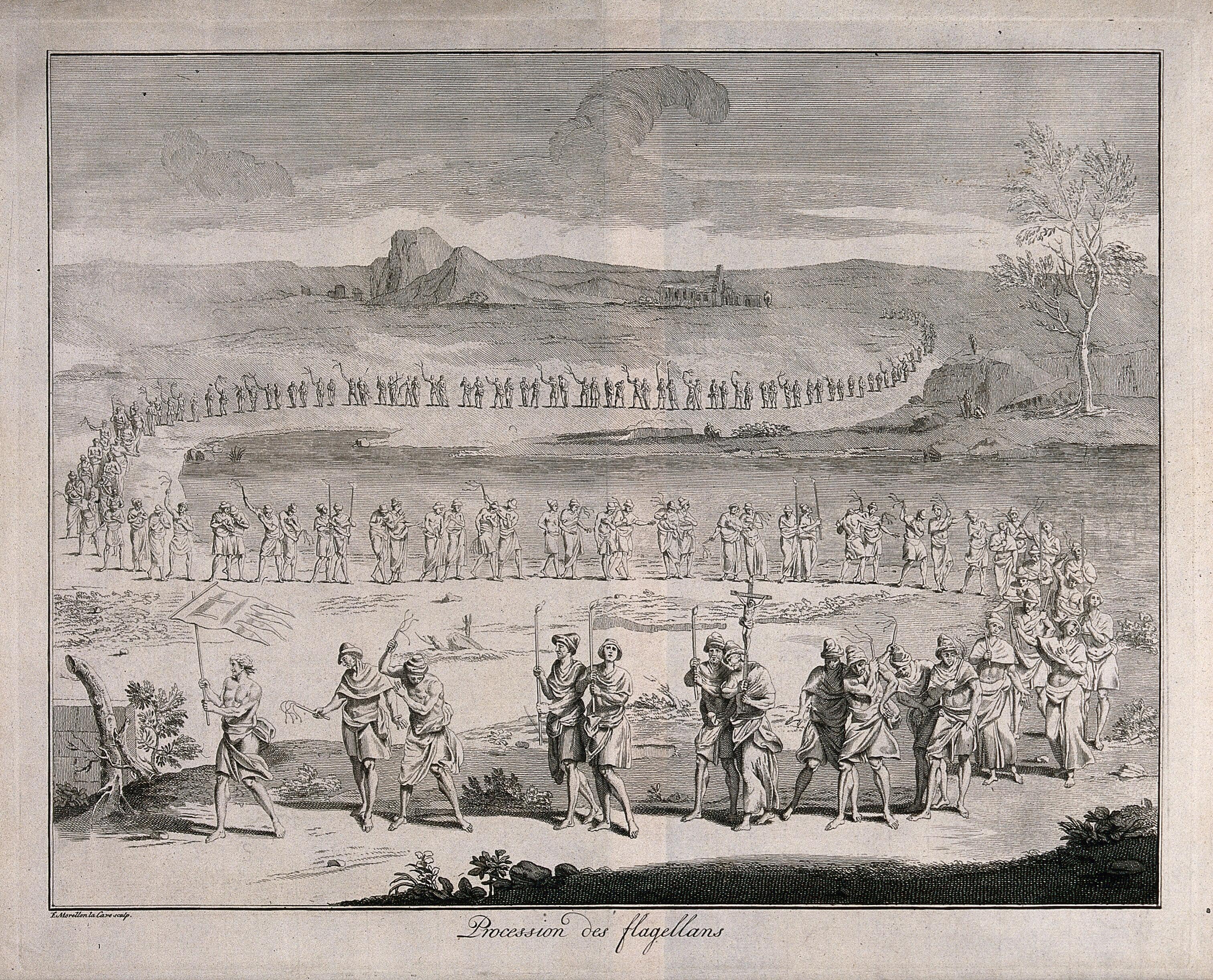 Public Procession of the Flagellants of Spain, Italy, France etc. Ingraving taken from William Hurd' A New Universal History of the Religious Rites, Ceremonies, and Customs of the Whole World, 1785