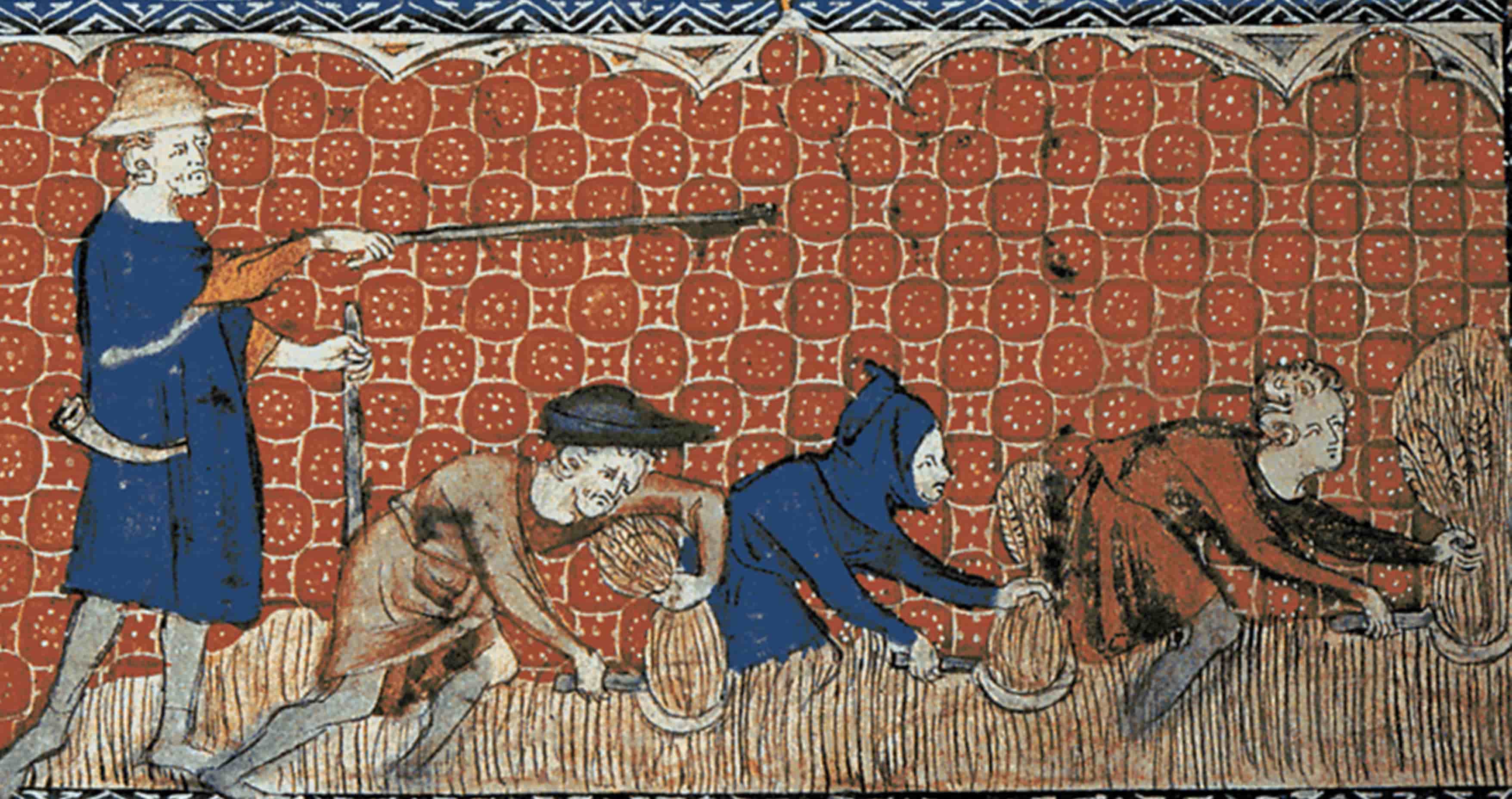 Peasants harvesting wheat under the instruction of a Reeve. Illustration from Queen Mary's Psalter, 15th Century.