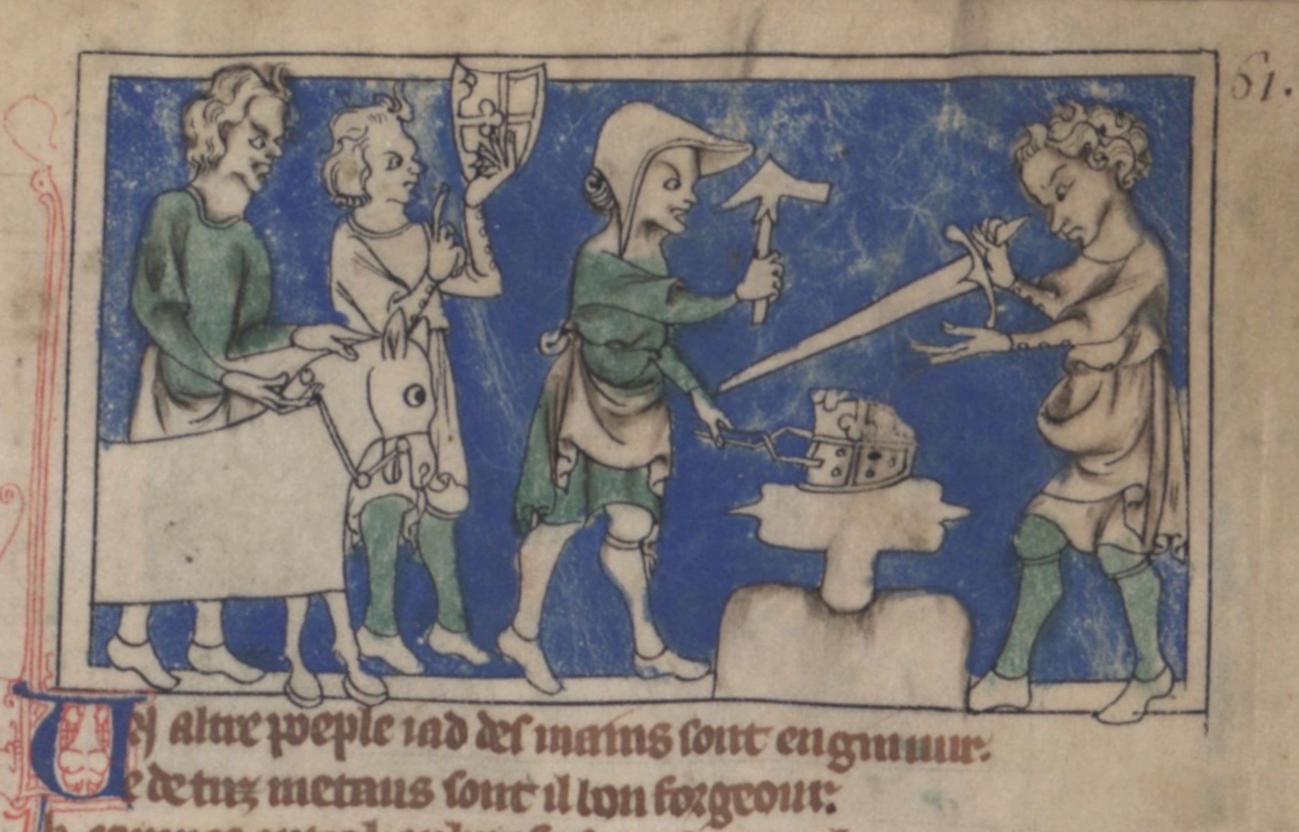A blacksmith uses an anvil as he works on a helmet, from this 14th-century manuscript – Bibliothèque nationale de France MS Français 24364 fol. 61r