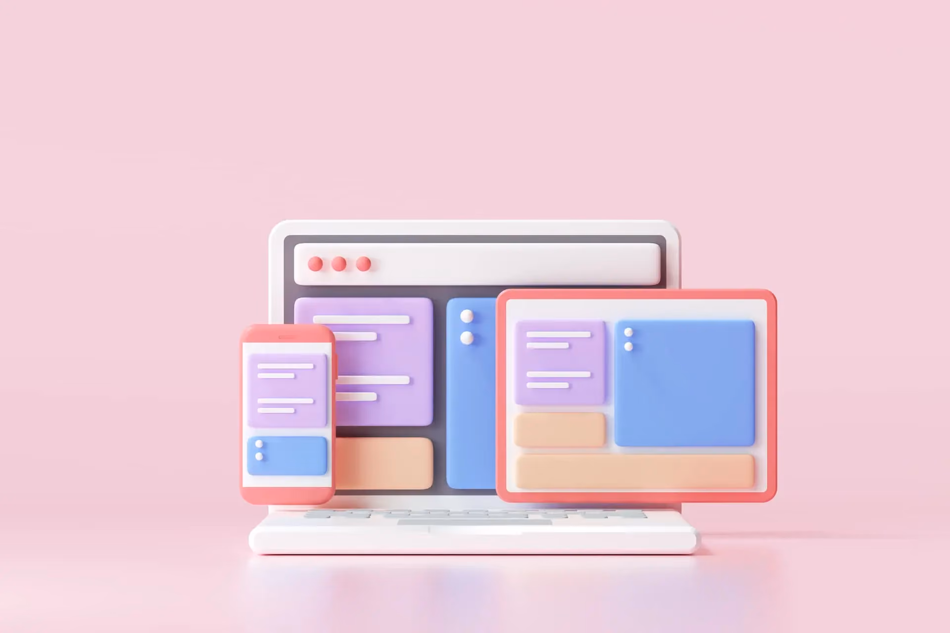 Mobile application, software and web development with 3d shapes, bar chart, an infographic on pink background. 3d rendering