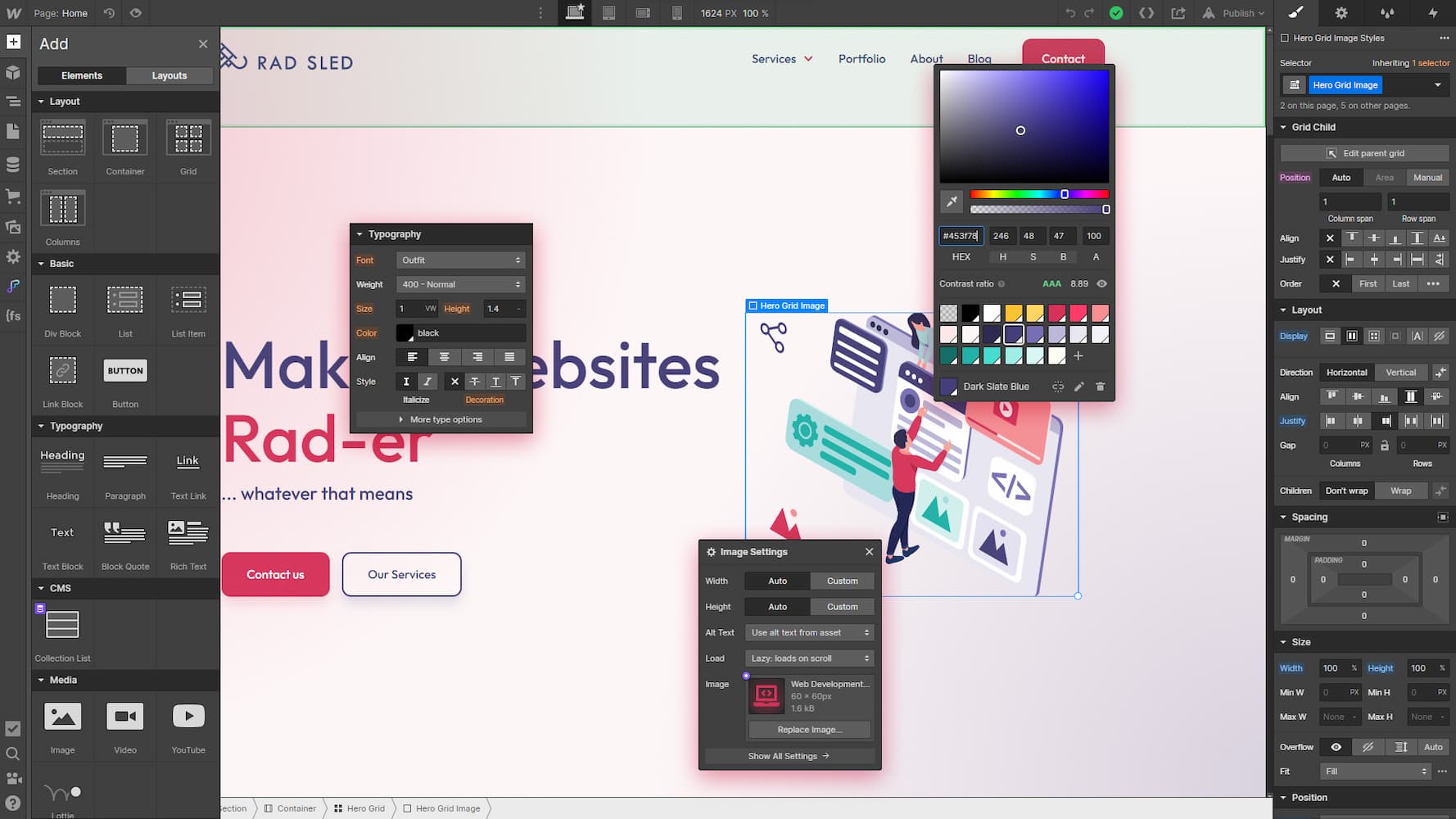 Webflow Designer Dashboard and Rad Sled Website being built