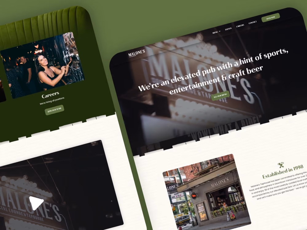 Website mockup of Malone's Taphouse in Vancouver