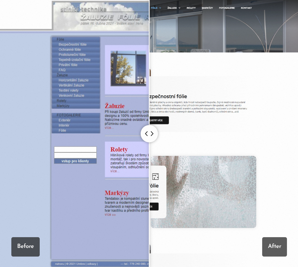Umbre - Zaluzie folie website redesign - Before and after