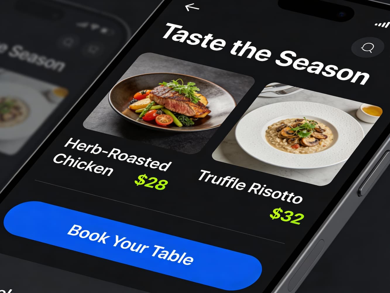 Holding a phone over food in a restaurant looking at their menu on website