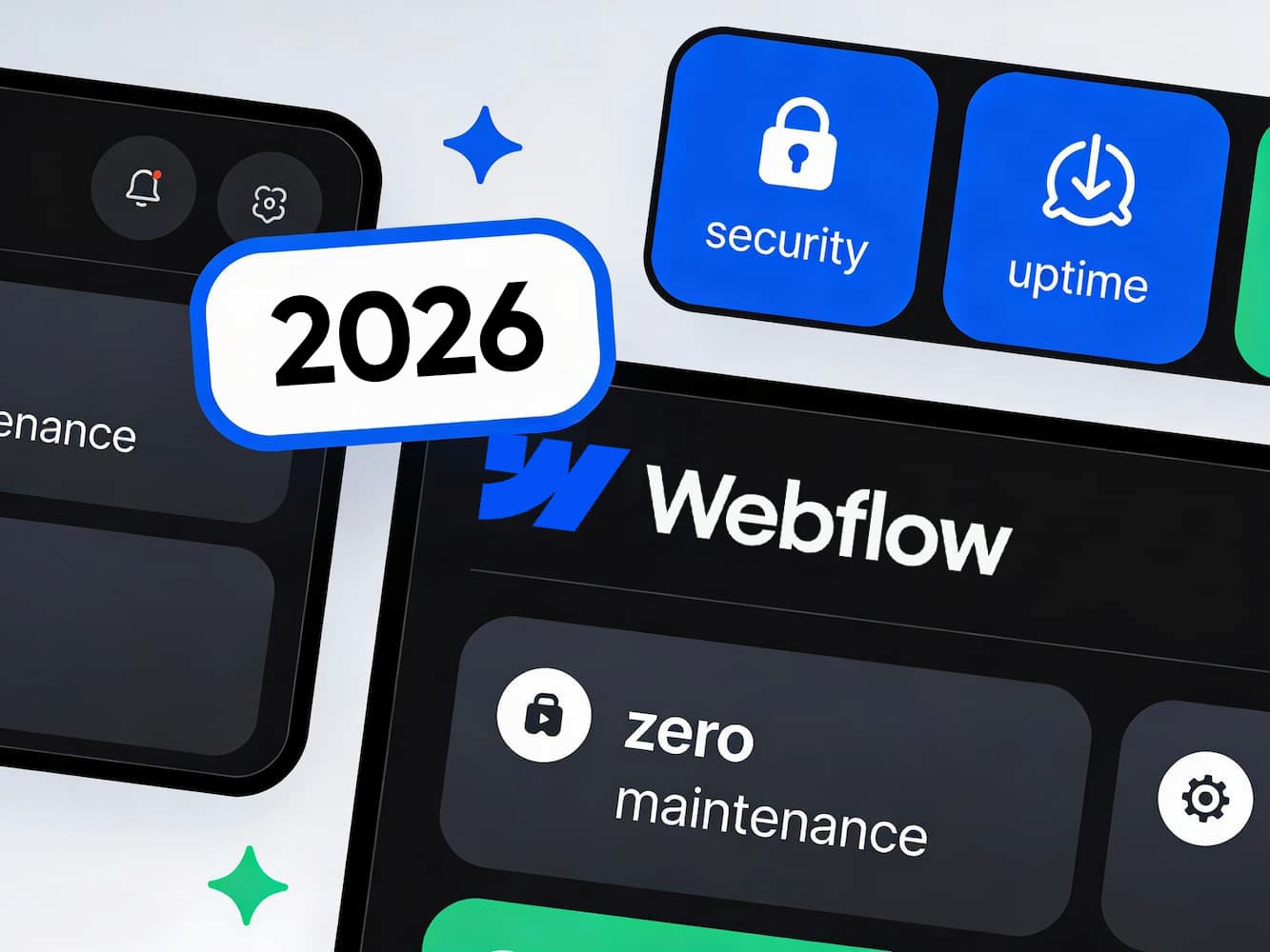 Desktop workspace showing a computer screen with a Webflow hosting performance graph and the Webflow logo, highlighting faster, secure, reliable website hosting.