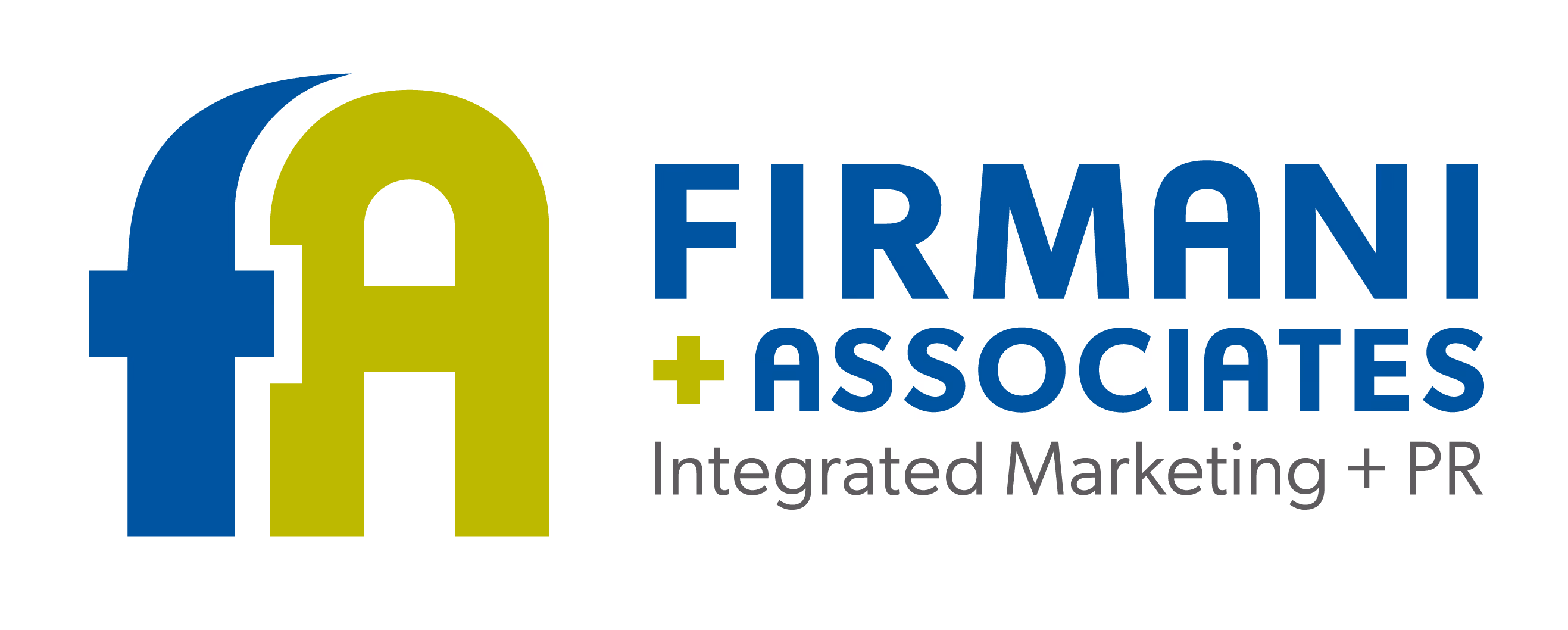 Logo featuring stylized lowercase 'f' in blue and uppercase 'A' in lime green, next to the text 'FIRMANI + ASSOCIATES Integrated Marketing & PR' in blue and gray.