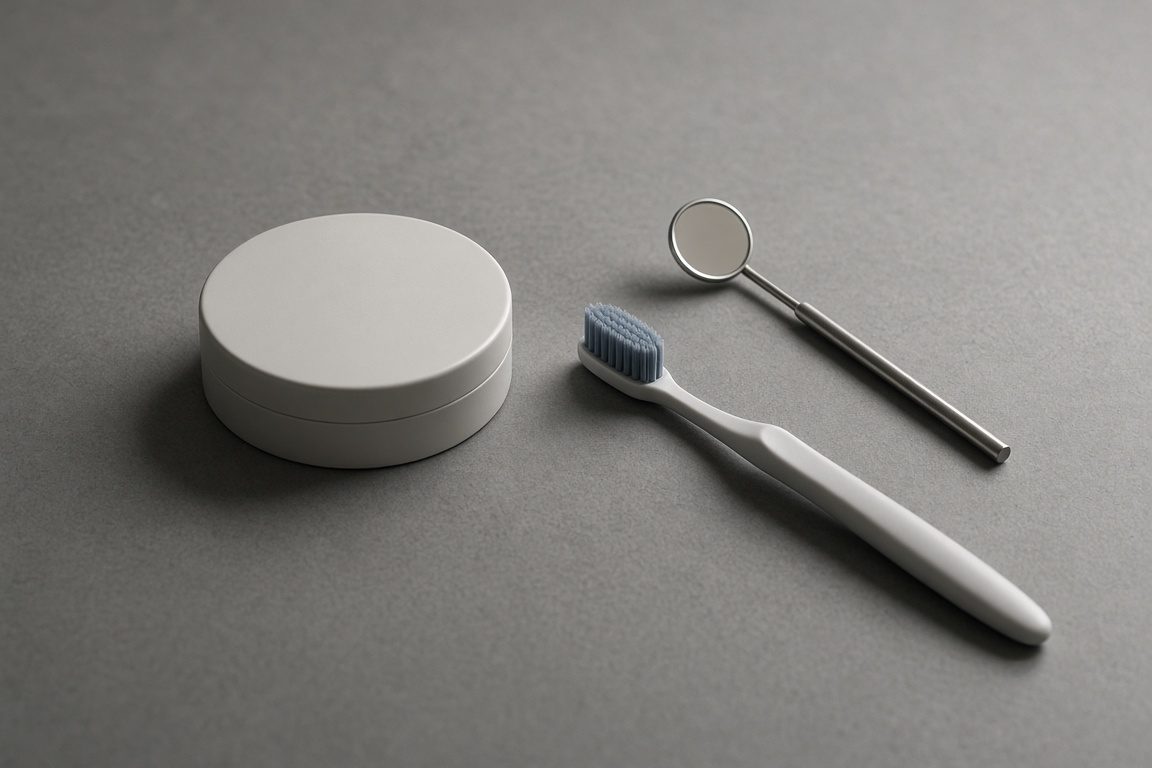 Plain tin, toothbrush and dental mirror illustrating bleeding gums from dip