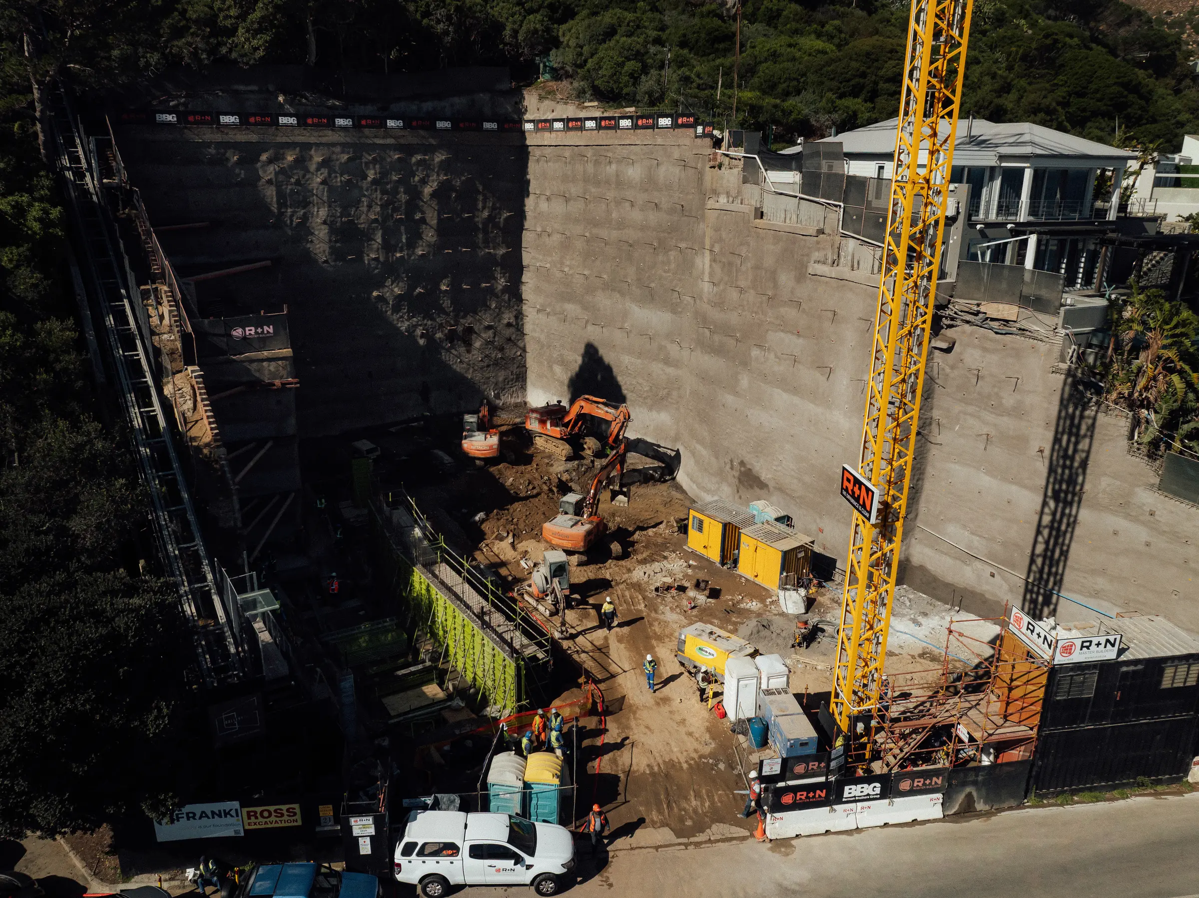 The completed lateral support walls at 23 Victoria Road, anchored across the full height of the excavation