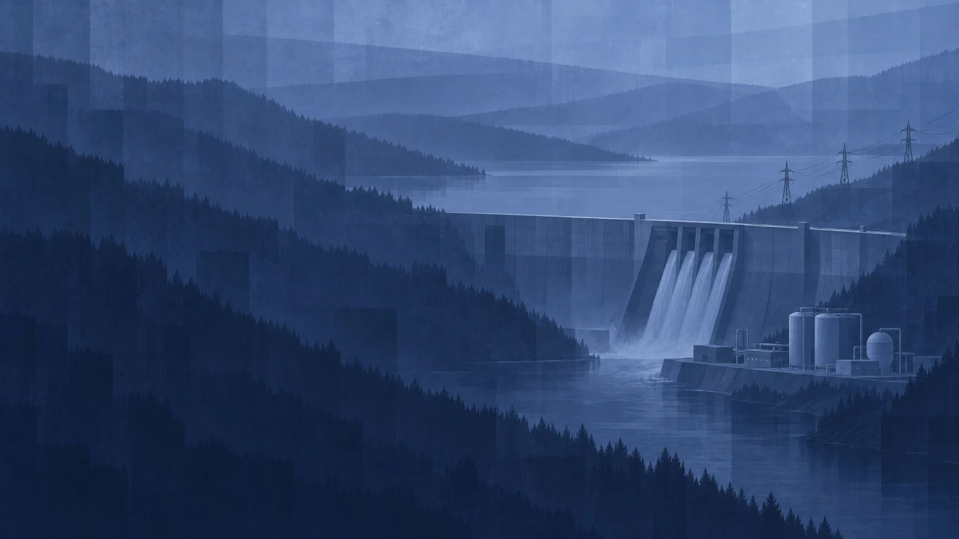 Barrage hydroélectrique, pylônes et réservoirs d’hydrogène