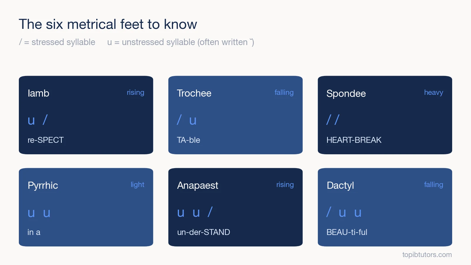 The six metrical feet with their stress patterns and example words