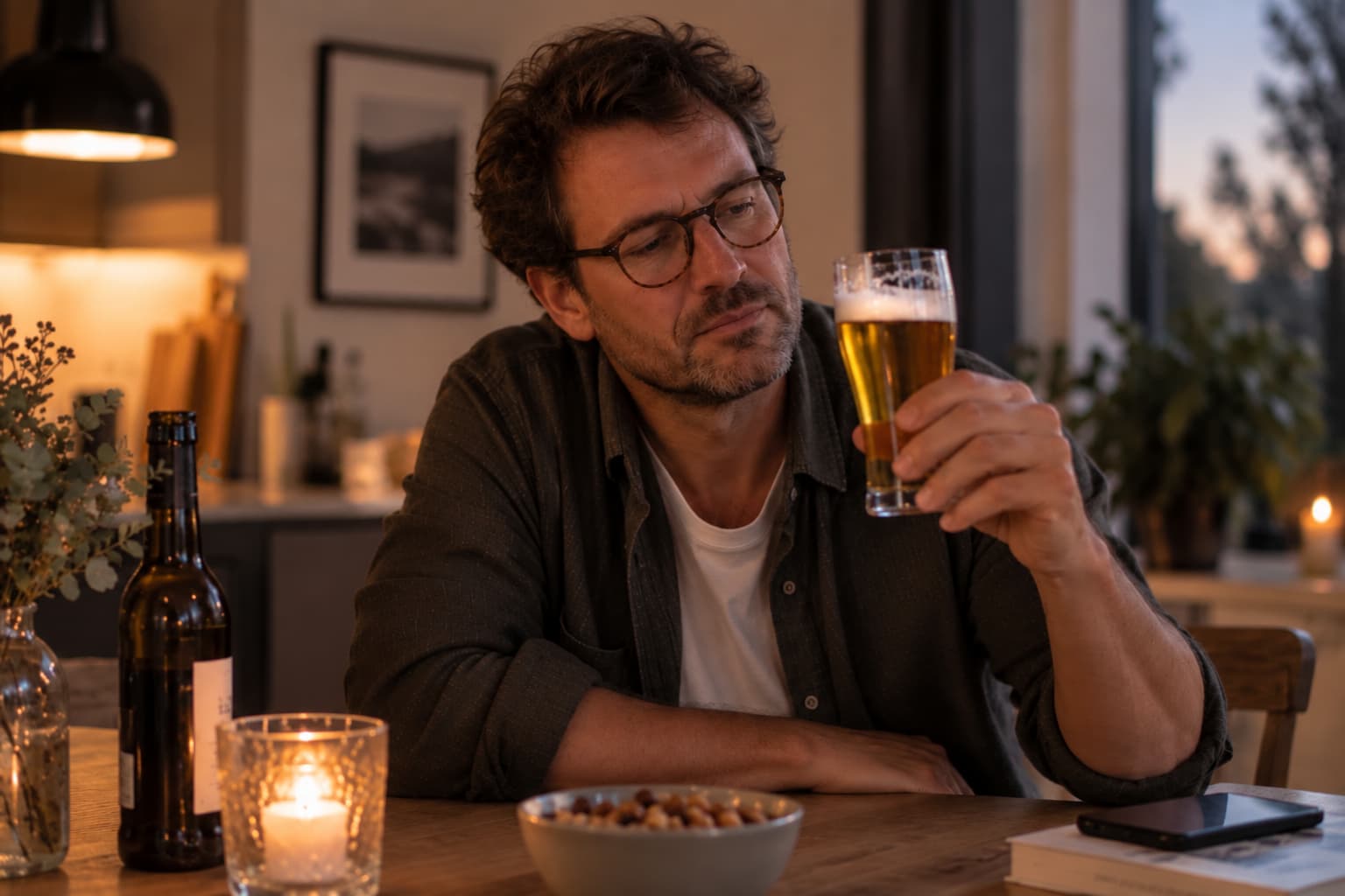 Man staart naar biertje en probeert bewust te drinken