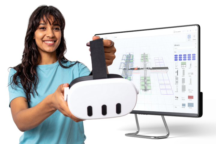 A woman offers a VR headset. Behind it, a screen with production planning. 
