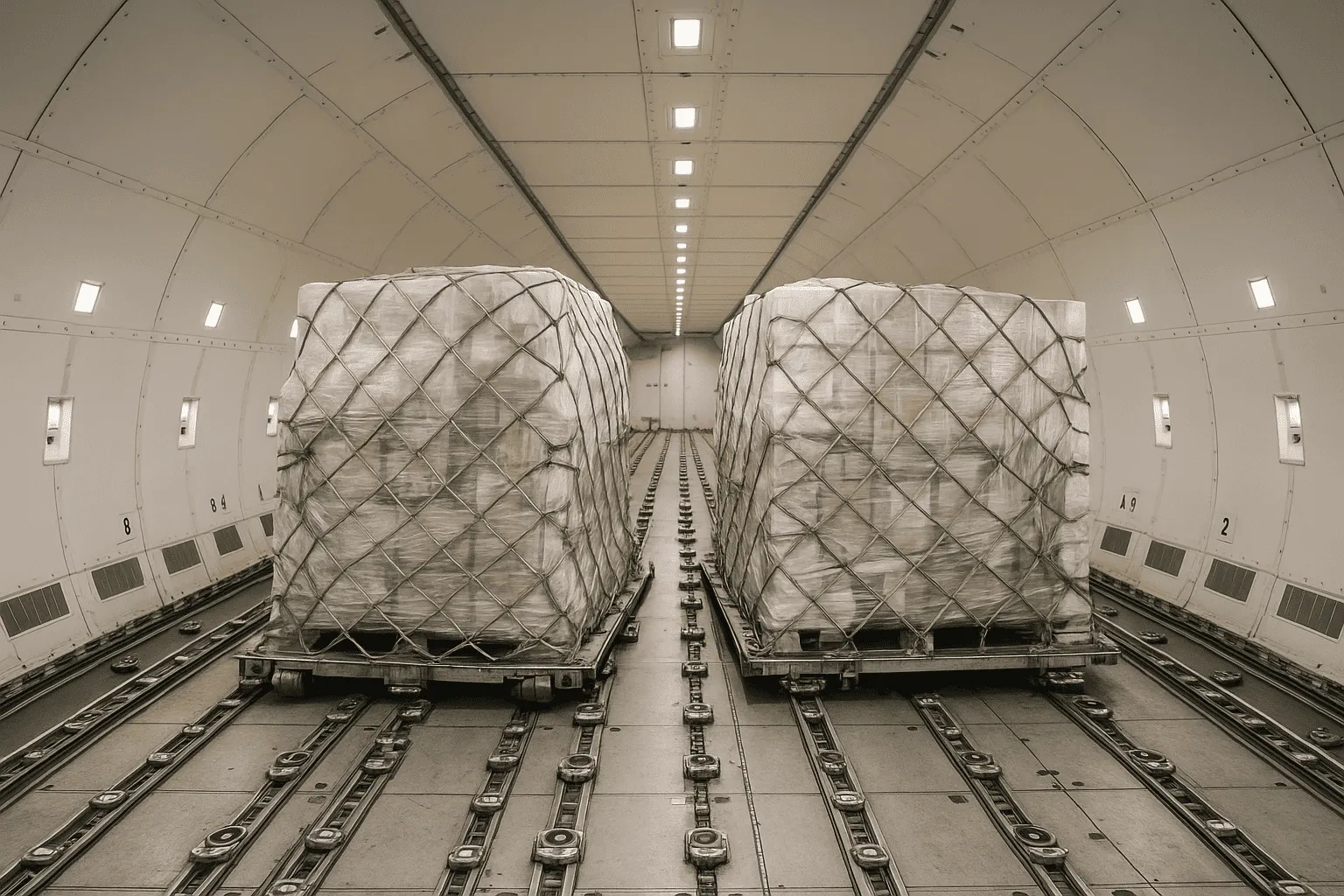 Palets de carga aérea asegurados en la bodega de un avión de transporte – envío mundial de mercancías por vía aérea