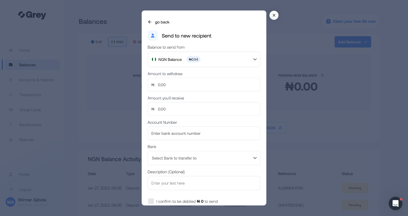 send NGN to new recipient on Grey