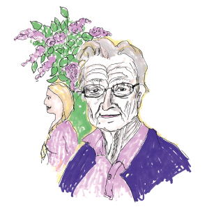 En illustrerad bild på en äldre person med glasögon, grått hår och rynkor.