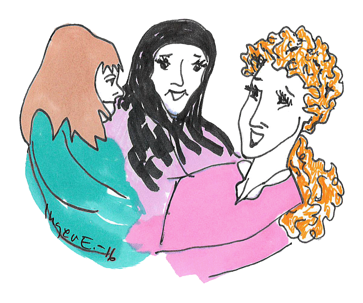 En illustrerad bild på tre personer som samtalar.