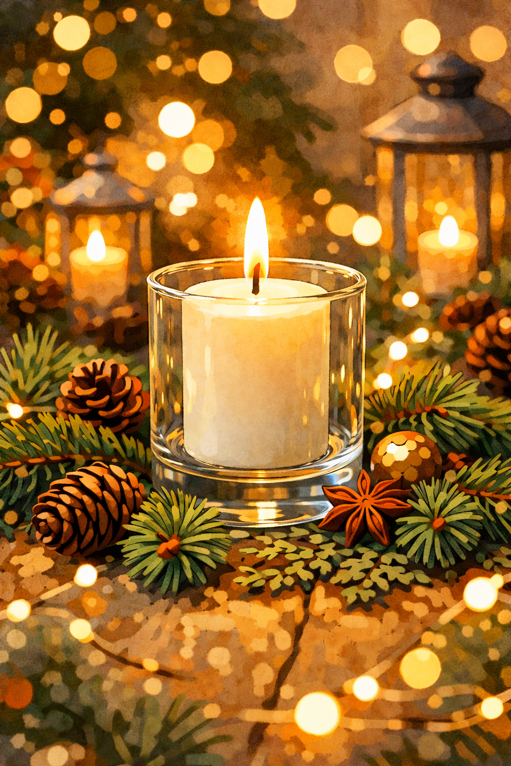 en illustrerad bild av ett vitt ljus i ett glas. Runt om ligger granris och kottar.