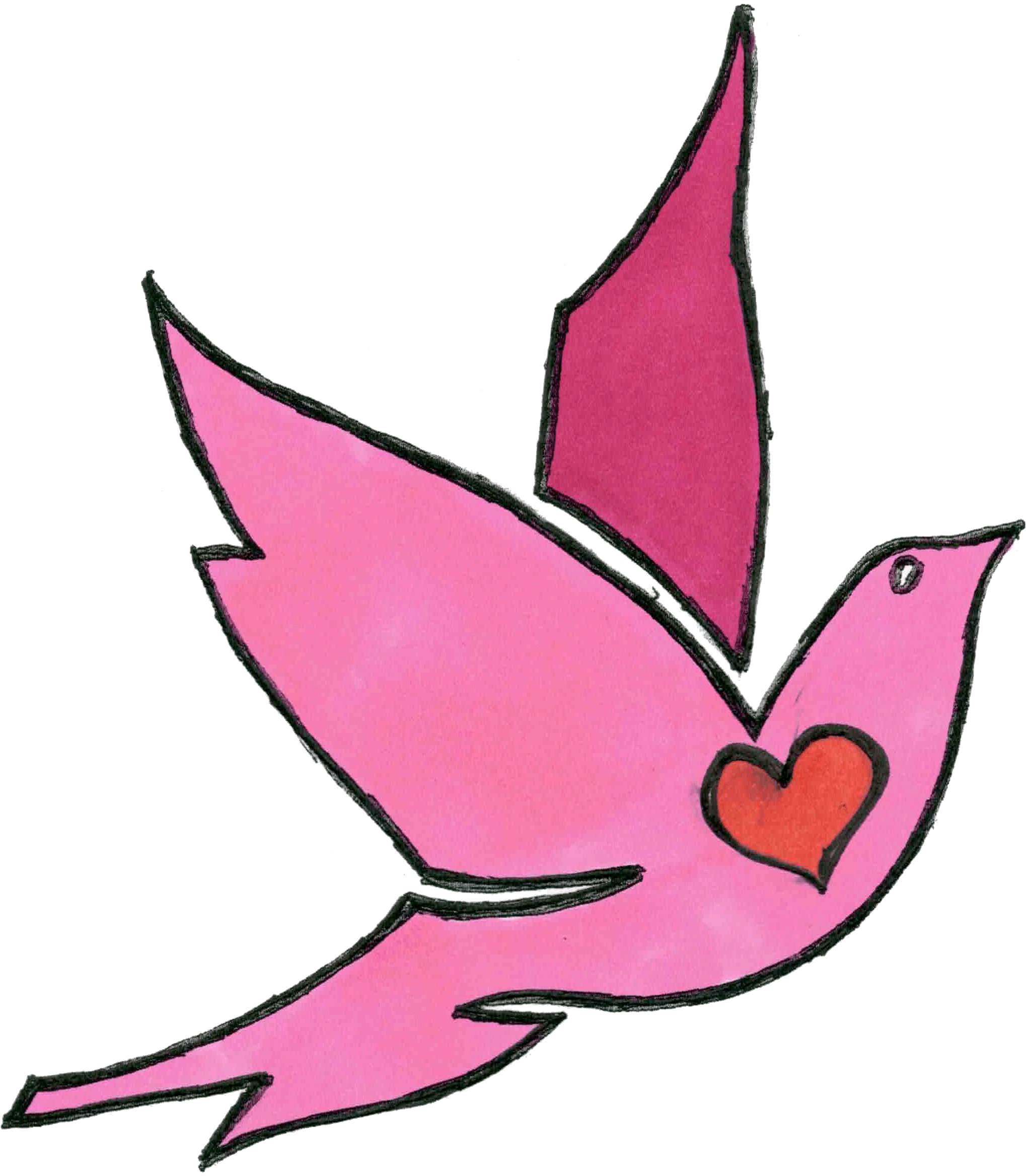 En rosa BOSSE-fågel med ett rött hjärta i bröstet