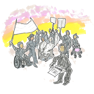 En illustrerad bild på en folksamling som demonstrerar.