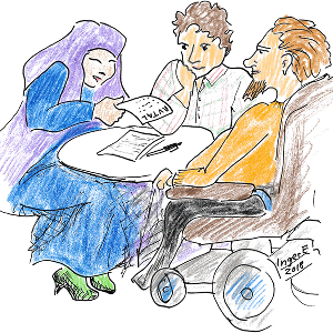 En illustrerad bild på tre personer runt ett bord.