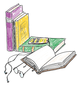 En illustrerad bild på böcker och ett par glasögon.