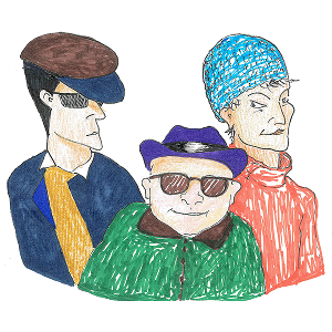 Illustrerad bild på tre personer stående i en klunga. Två har solglasögon på sig.