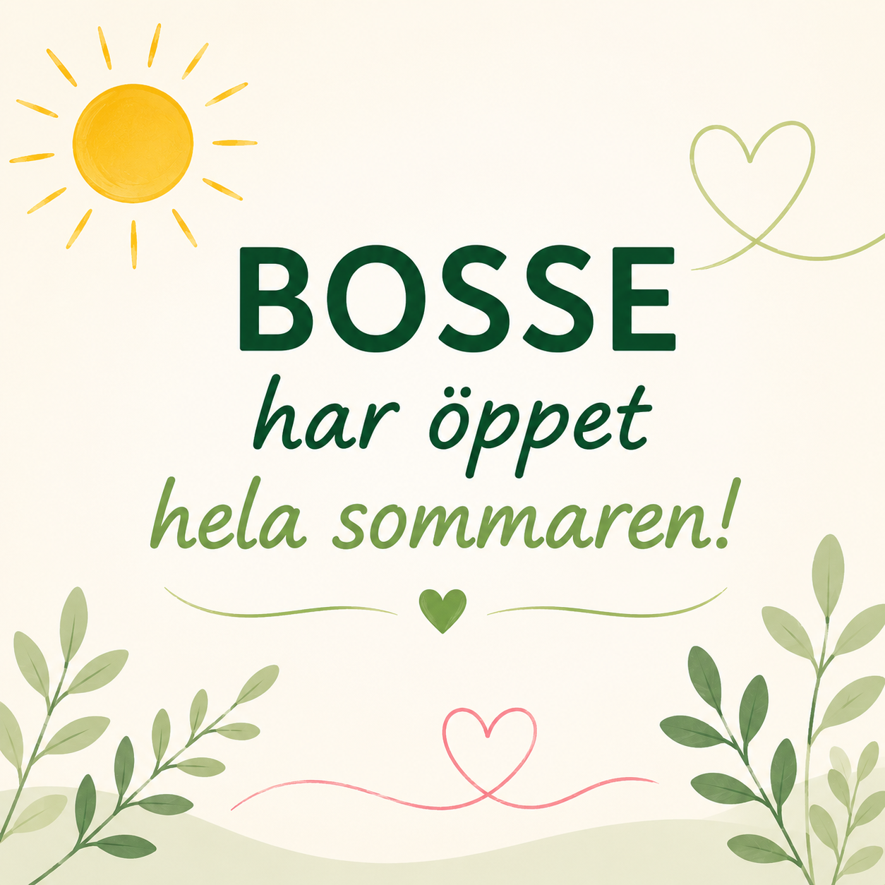 Illustration skapad med hjälp av AI. Bilden visar en solig och välkomnande sommarmiljö med symboler för samtal, stöd, kunskap, samarbete och omtanke. Det centrala budskapet är att BOSSE har öppet hela sommaren och finns tillgängligt för personer som behöver råd, stöd eller någon att tänka tillsammans med. Bilden förmedlar värme, trygghet och tillgänglighet.