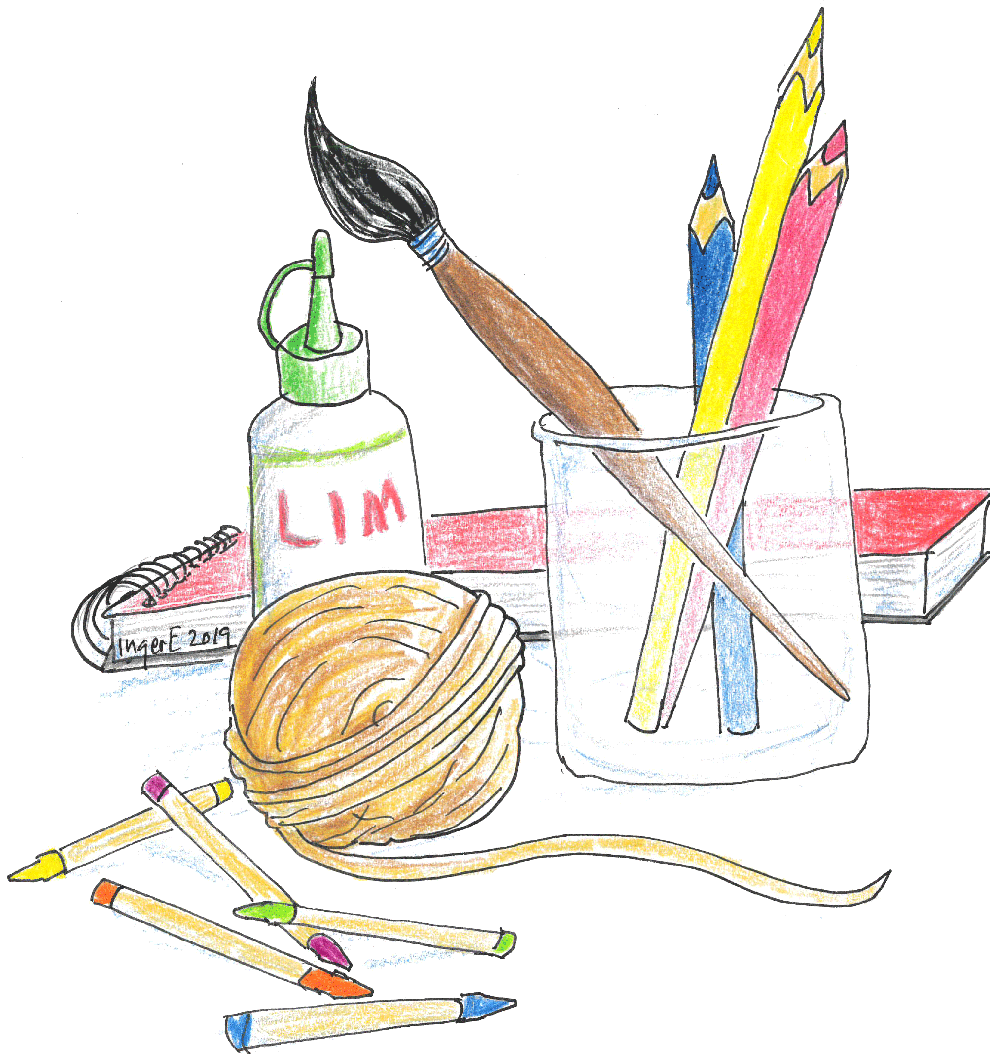 En illustration av material. Färgpennor, penslar, snöre och lim.