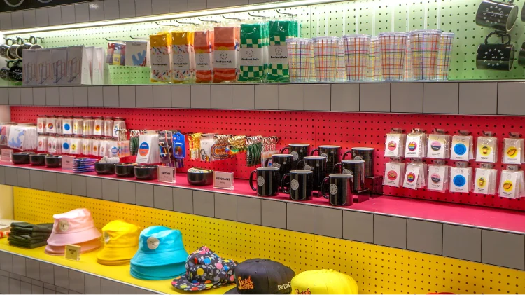 hats and mugs on colorful shelves