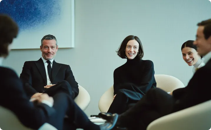 Five professionals in business attire sitting in a circle talking and smiling in a modern office.