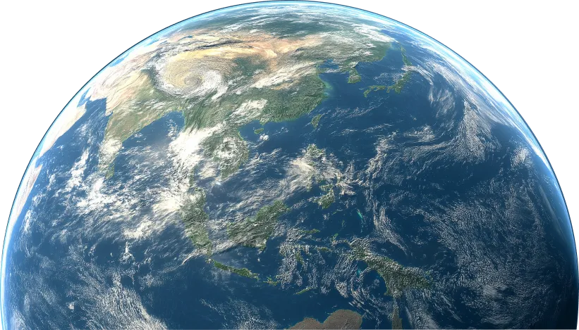 View of Earth from space showing Asia, Southeast Asia, and the western Pacific Ocean with clouds.