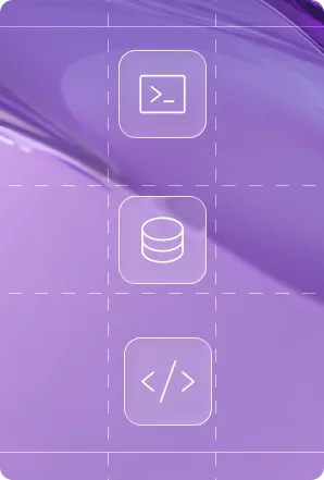 Vertical layout of three icons: terminal command, database, and coding symbols on a purple background.