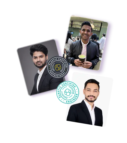 Three men in professional and casual attire with Elastic Certified Professional and Engineer badges.