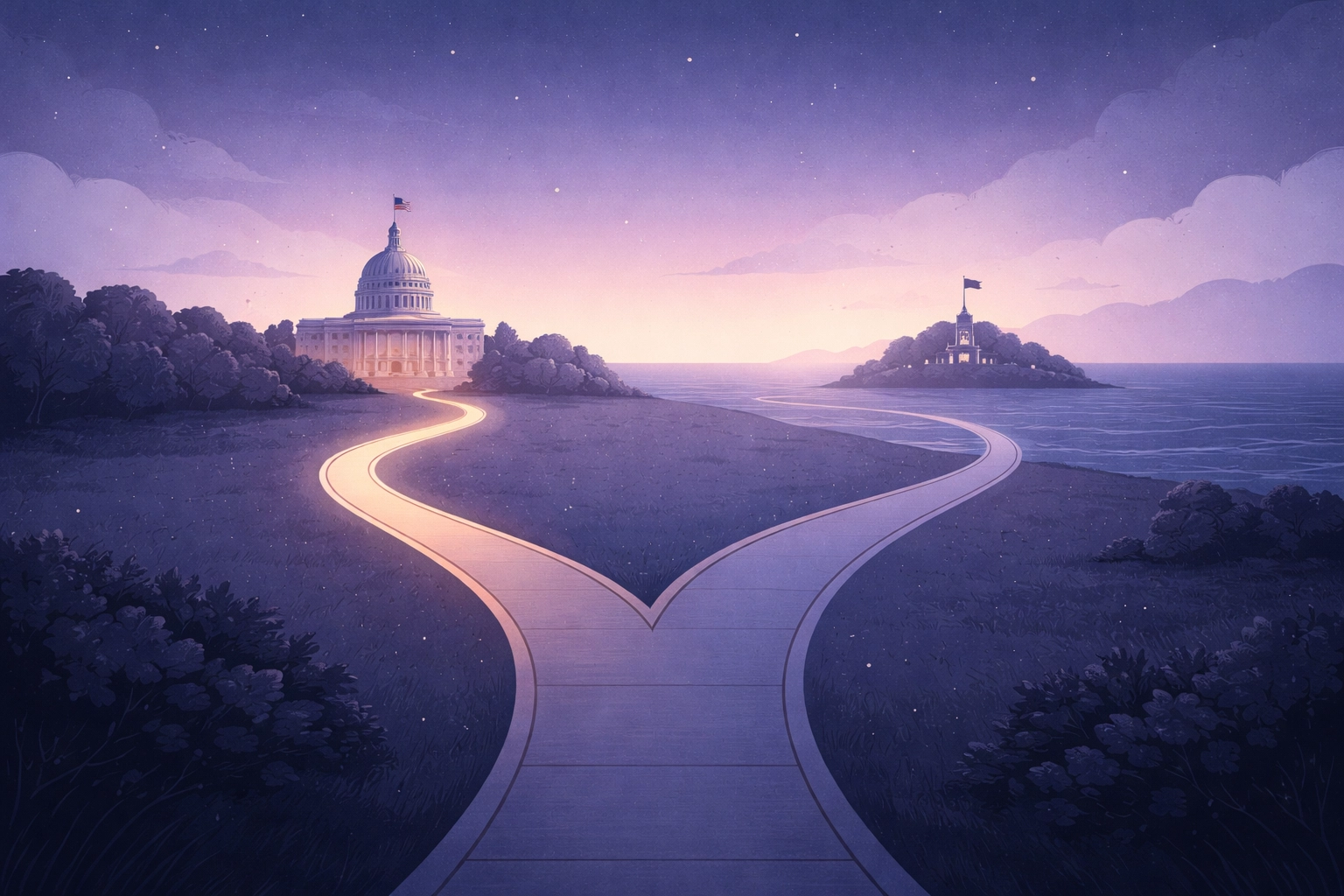 Two diverging paths representing U.S. immigration routes: domestic adjustment of status versus consular processing abroad.