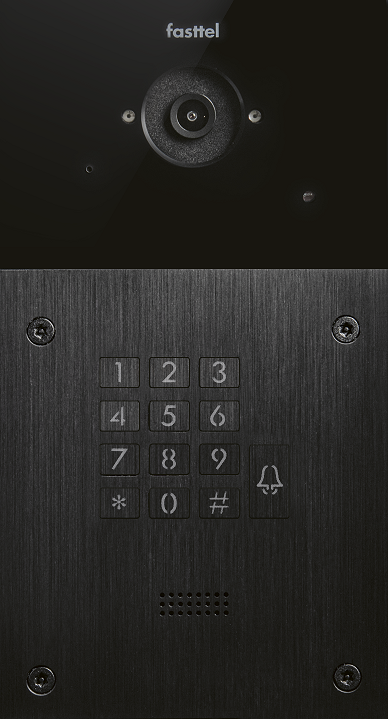 Image of a modern black Fasttel intercom doorbell with keyboard. There is a video communication camera at the top, and the design has a sleek brushed metal finish.