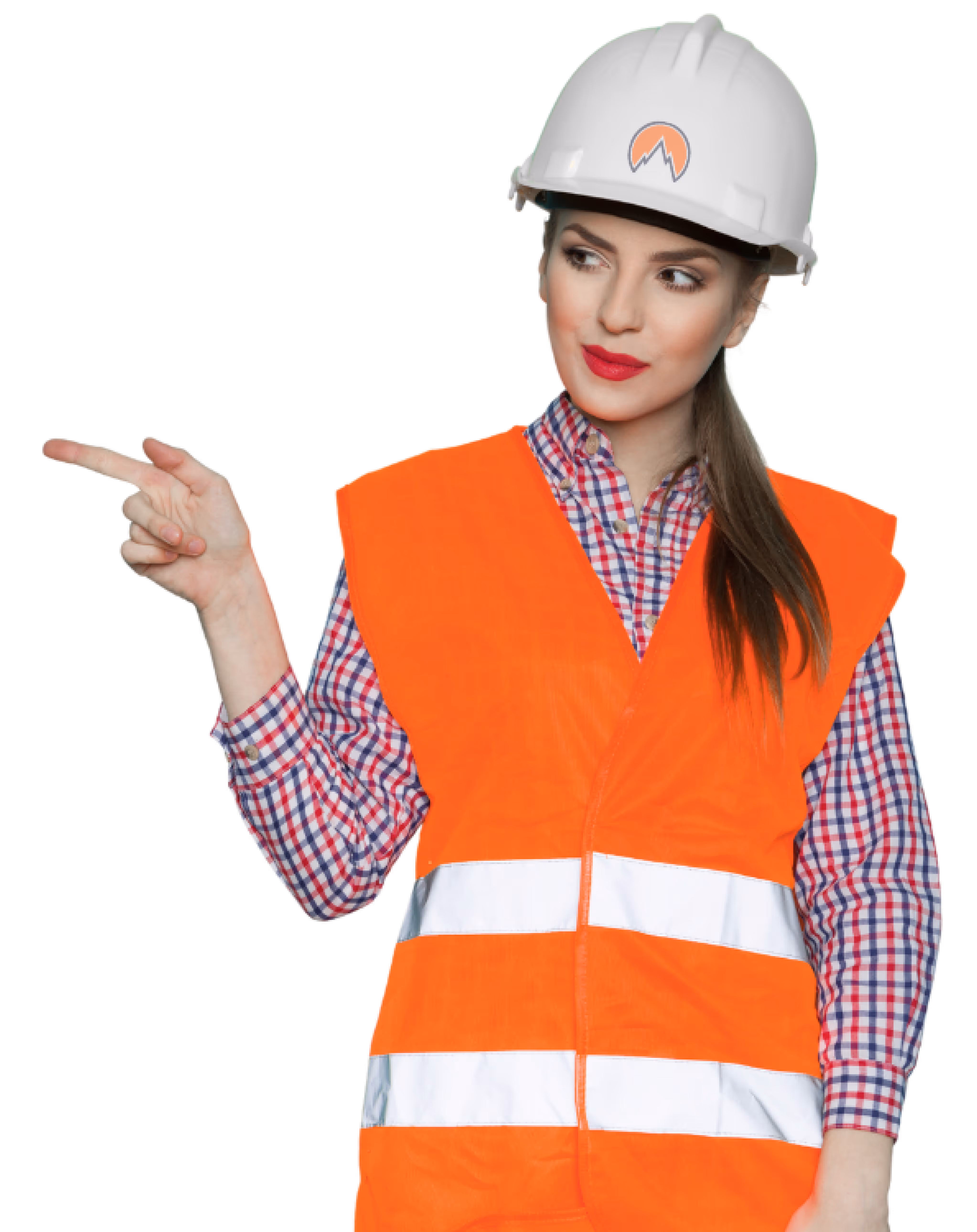 Woman in a white hard hat and orange reflective safety vest pointing to the left.
