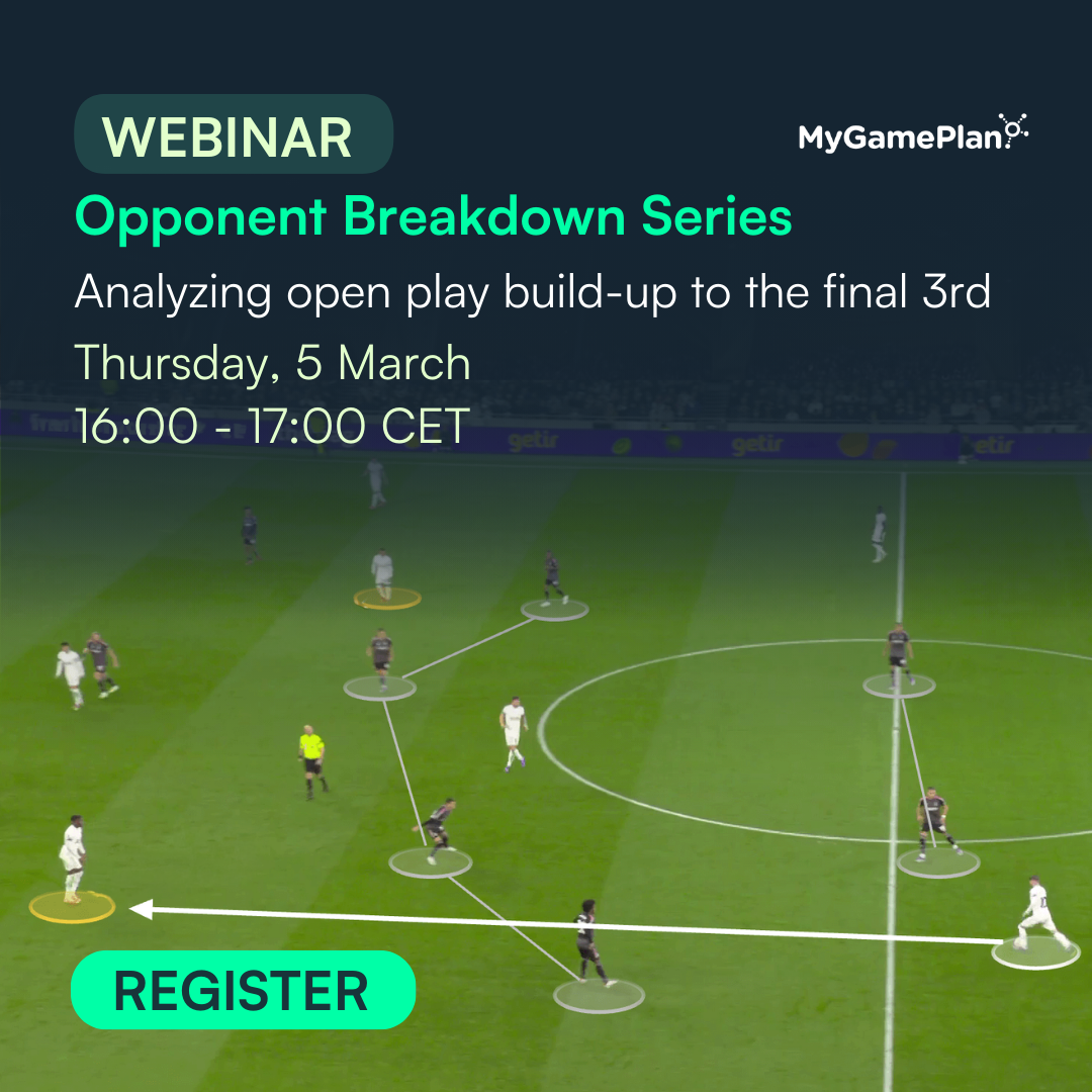 Goalkeeper Ederson M. wearing pink jersey number 31 prepares to kick a yellow soccer ball on a field with text about analyzing opponent goalkicks and receiving tagged XML files.