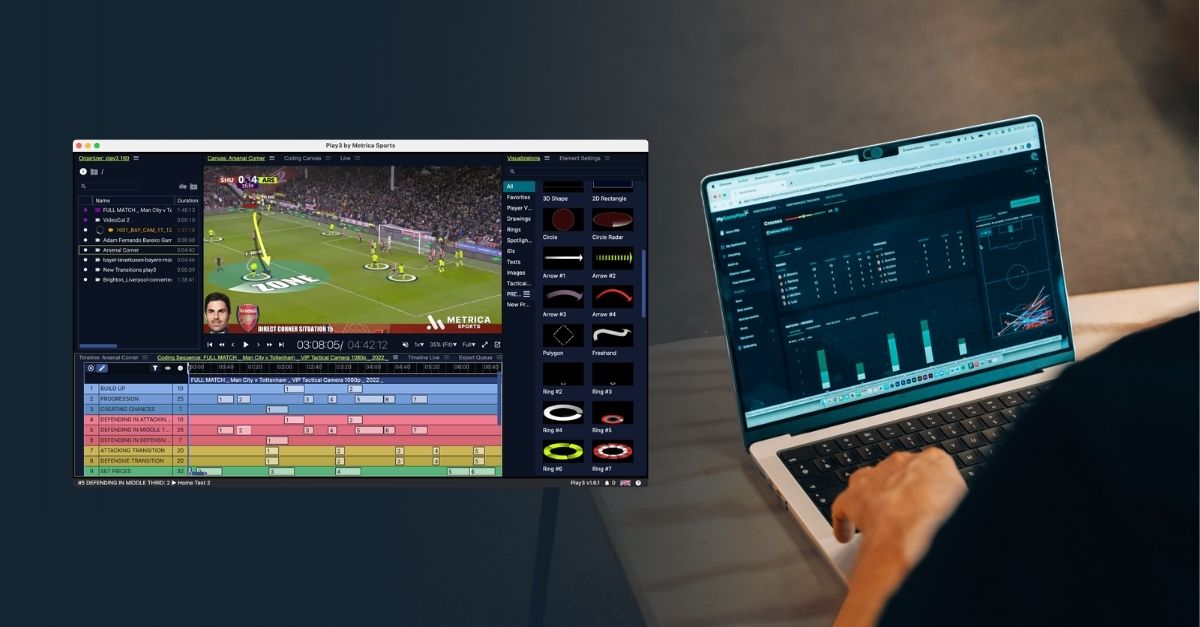 Person working on a laptop displaying a soccer performance analysis dashboard for Arsenal, showing strengths and a radar chart.