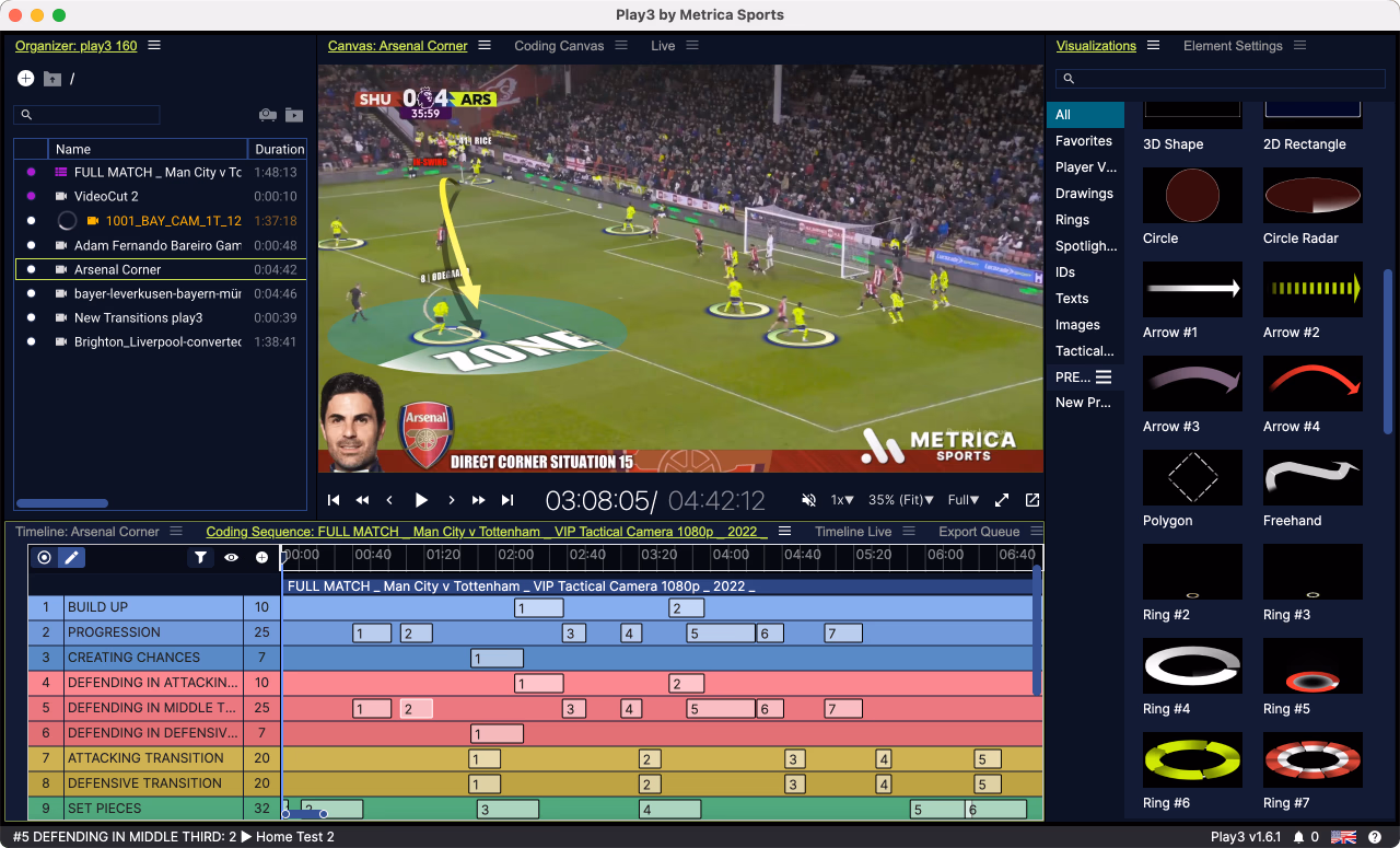 Dashboard showing team performance with spider chart, individual player Jobe Bellingham's development card highlighting crossing skill, and a mobile screen displaying final third passes statistics including total events, season average, and event details with option to watch videos and scatter plot visualization.
