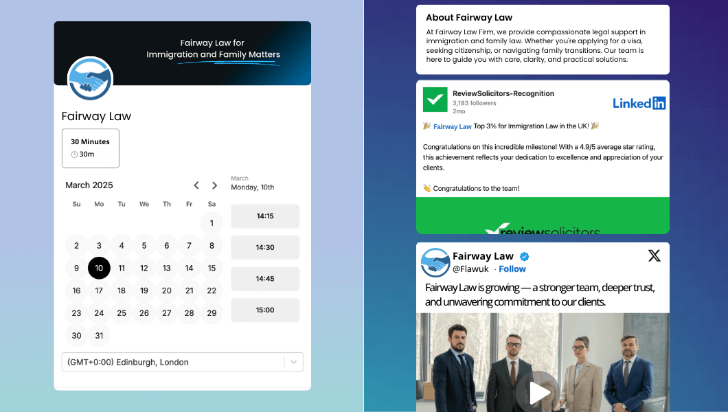 Fairway laws  customized booking page with branded design, linkedin reviews solicitor post, and X post with video on right; calendar on left.