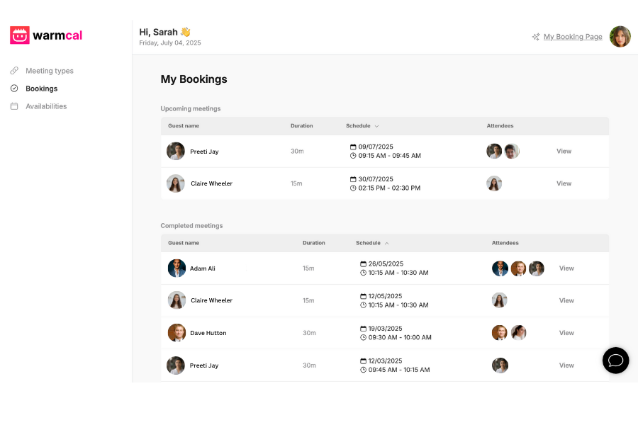 Warmcal dashboard displaying upcoming and completed meetings for easy tracking