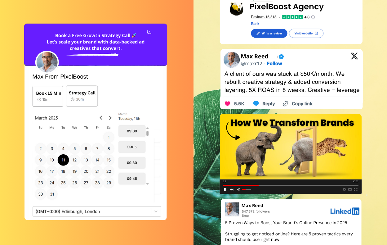 Max from pixel boost booking page with social proofs 