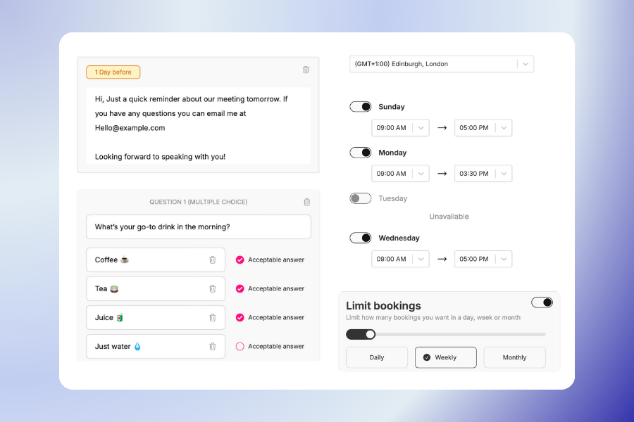 Warmcal feature image showing meeting limits, availability, qualifying questions, and reminder settings